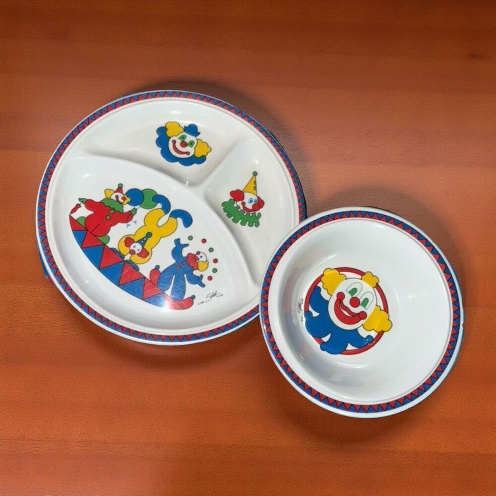 Vintage Melamine Ware Divided Plate Primary Clown Scene Plate & Bowl Set